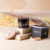 skin whitening night cream is displayed. on the left side there is a covering box of the cream and on the right front side there is a sample of cream that is on the circular wood plate