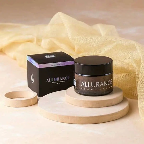 Allurance Skin Whitening Night Cream is displayed on the wood like circular plates, on the right side there is a covering box on of skin whitening night cream