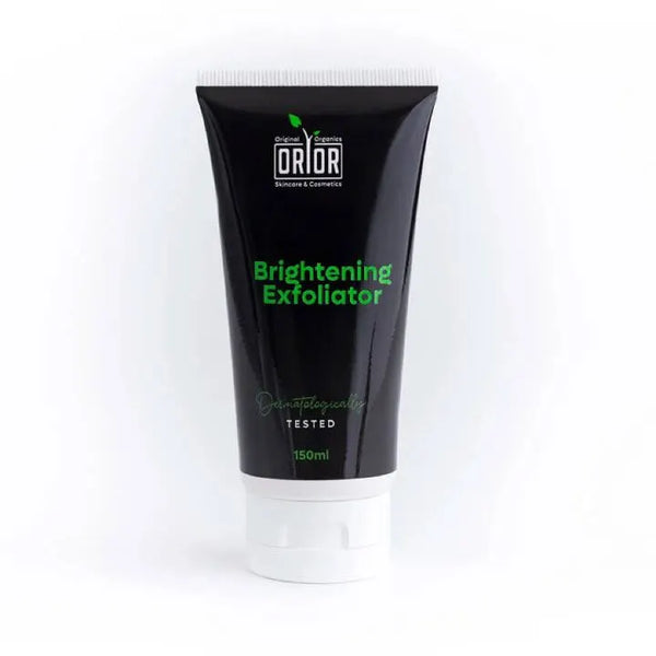 Face scrb bottle is shown against dark brown background. this bottle is showing brightening exfoliator benefits and its uses
