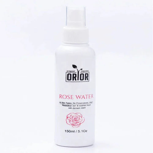 This is orior's rose water toner bottle against white white background. this product is used for face and helps in balancing skin pH.