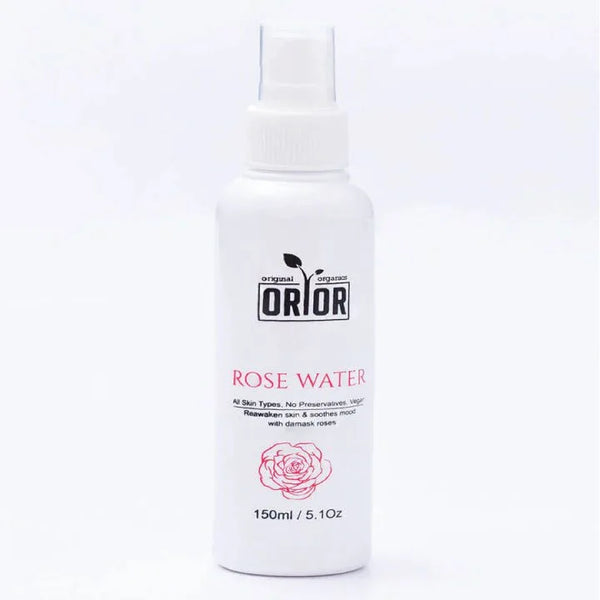 This is orior's rose water toner bottle against white white background. this product is used for face and helps in balancing skin pH.