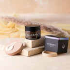 skin whitening night cream is displayed. on the left side there is a covering box of the cream and on the right front side there is a sample of cream that is on the circular wood plate
