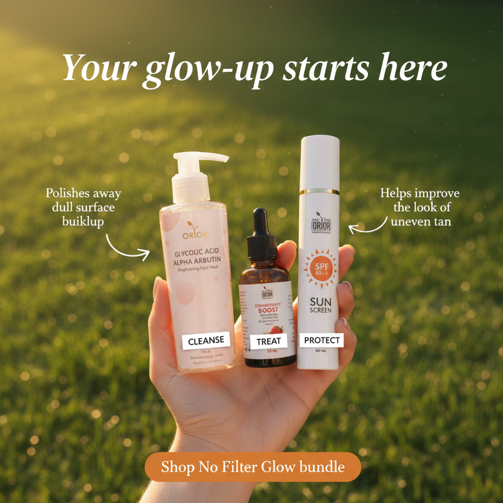 Orior Cosmetics No Filter Glow Bundle featuring a face wash, serum, and sunscreen held in a hand outdoors.