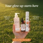 Orior Cosmetics No Filter Glow Bundle featuring a face wash, serum, and sunscreen held in a hand outdoors.