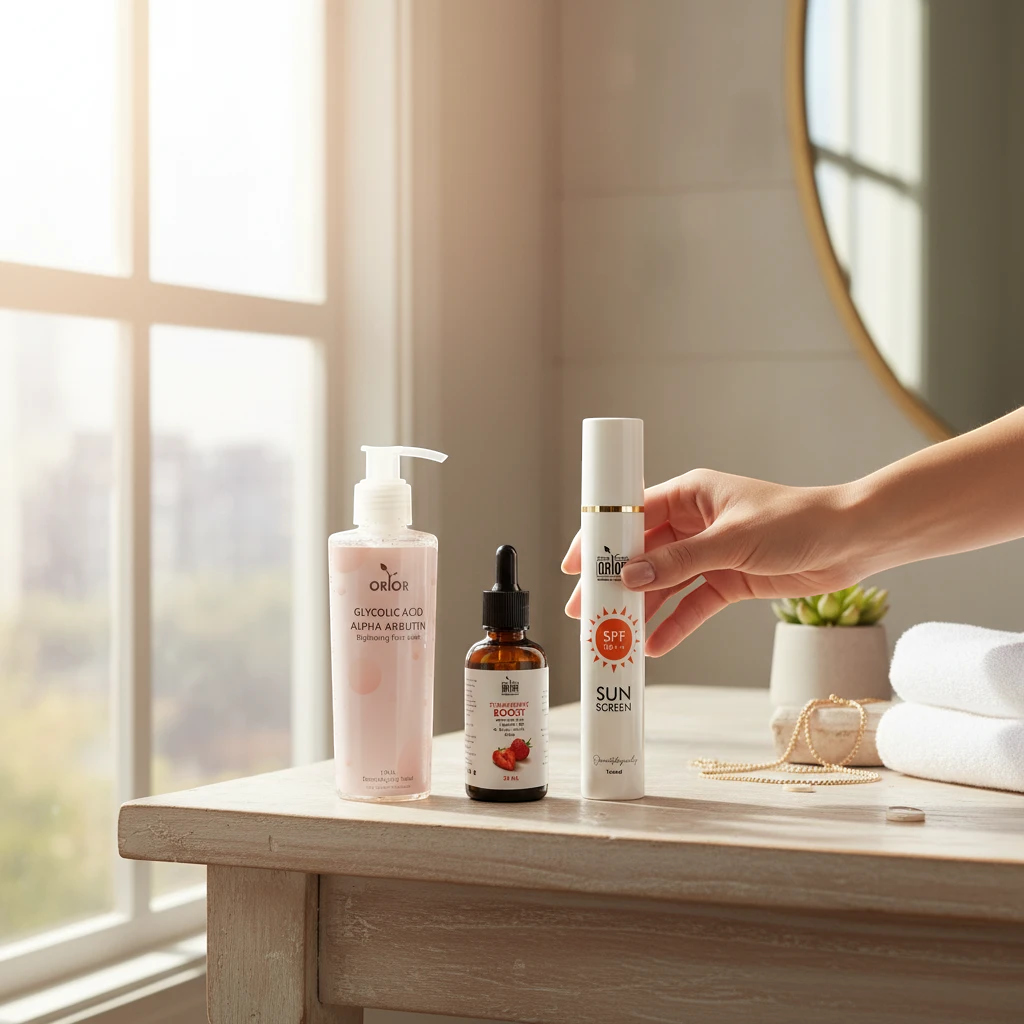 Orior Cosmetics No Filter Glow Bundle featuring brightening face wash, serum, and SPF sunscreen on a vanity table.