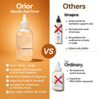 Orior Cosmetics Glycolic Acid 7% Toner bottle in a comparison graphic highlighting benefits for face, body, and scalp.