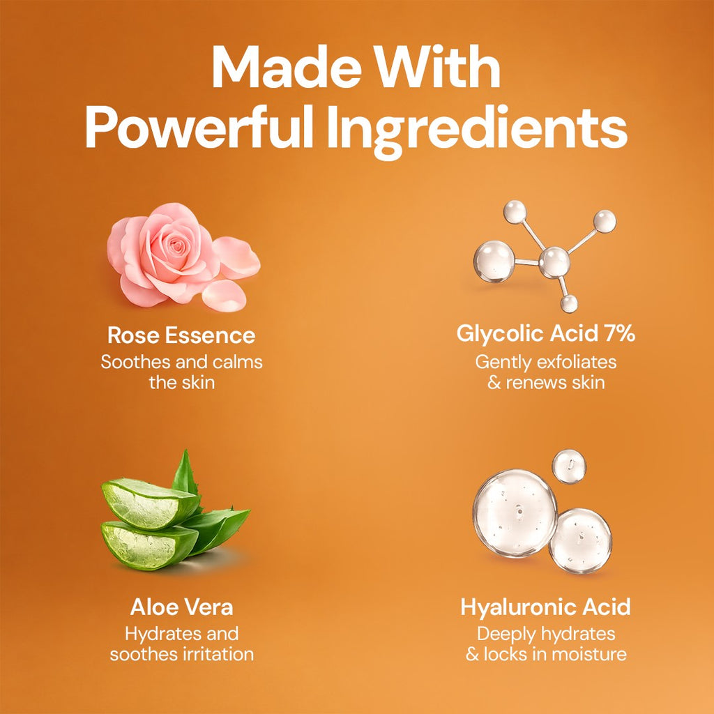 Orior Cosmetics Glycolic Acid 7% toner ingredients: rose essence, glycolic acid, aloe vera, and hyaluronic acid.