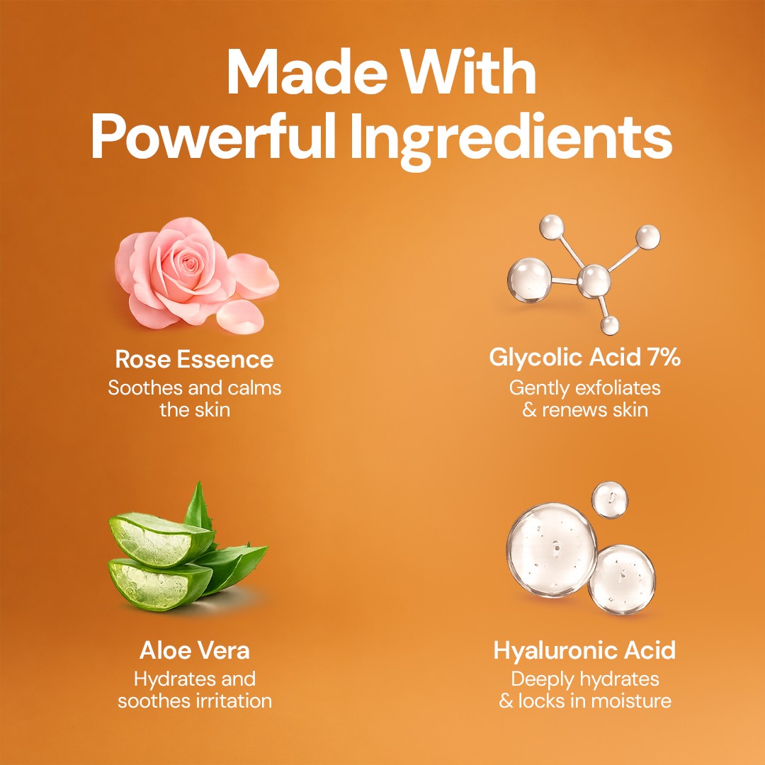 Orior Cosmetics Glycolic Acid 7% toner ingredients: rose essence, glycolic acid, aloe vera, and hyaluronic acid.