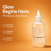 Orior Cosmetics 7% Glycolic Acid Toner in a clear bottle with a pointed applicator tip against an orange background.