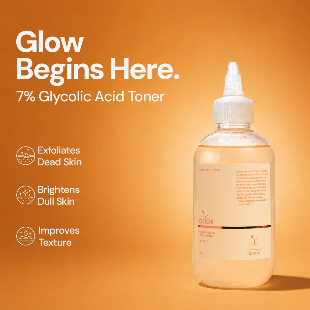 Orior Cosmetics 7% Glycolic Acid Toner in a clear bottle with a pointed applicator tip against an orange background.
