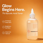 Orior Cosmetics 7% Glycolic Acid Toner in a clear bottle with a pointed applicator tip against an orange background.