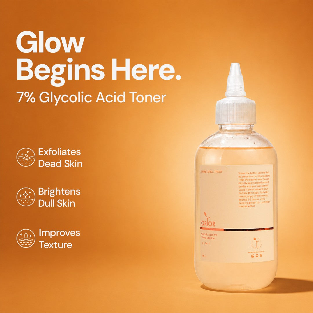 Orior Cosmetics 7% Glycolic Acid Toner in a clear bottle with a pointed applicator tip against an orange background.