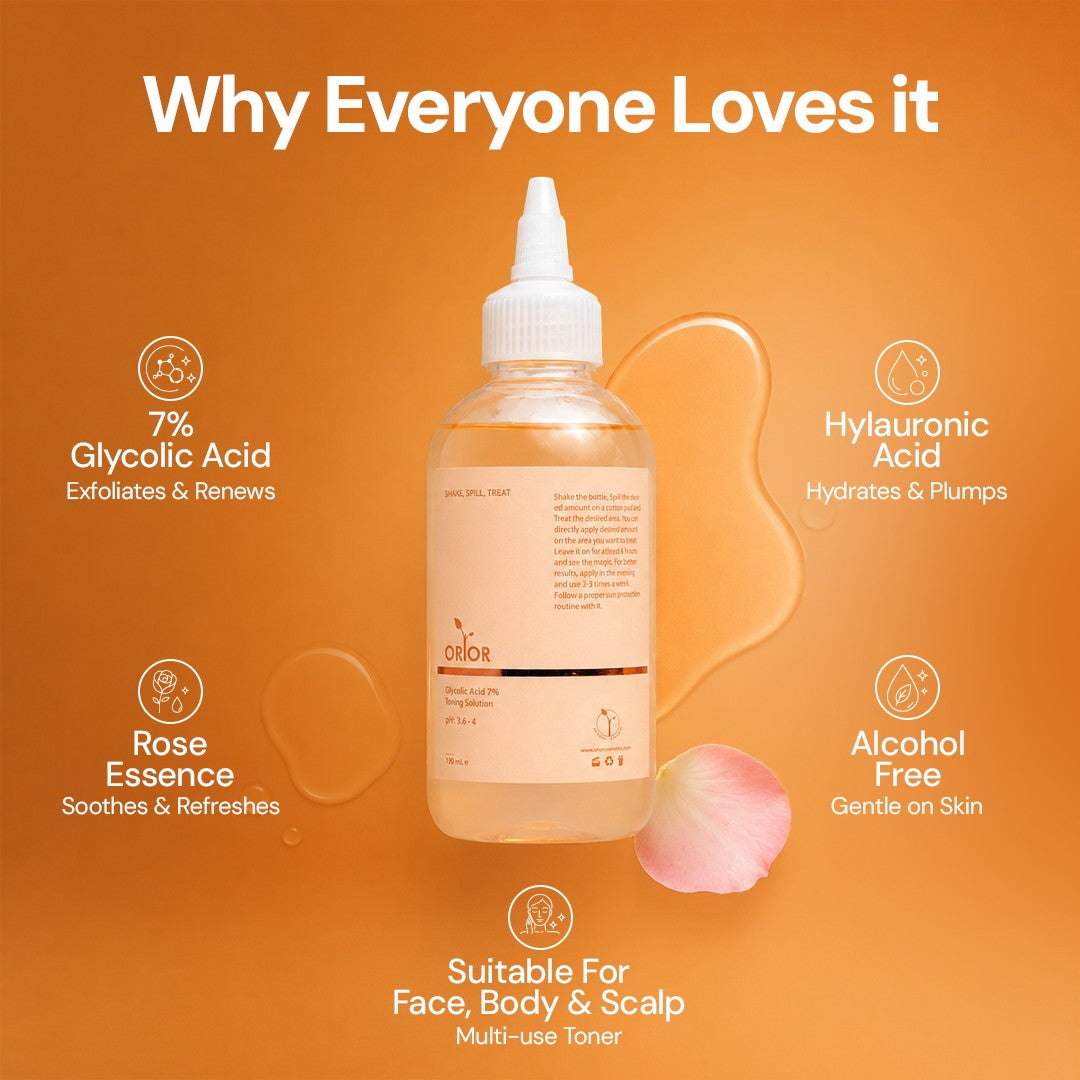 Orior Cosmetics Glycolic Acid 7% Toning Solution bottle with rose petal and ingredient benefits on orange background