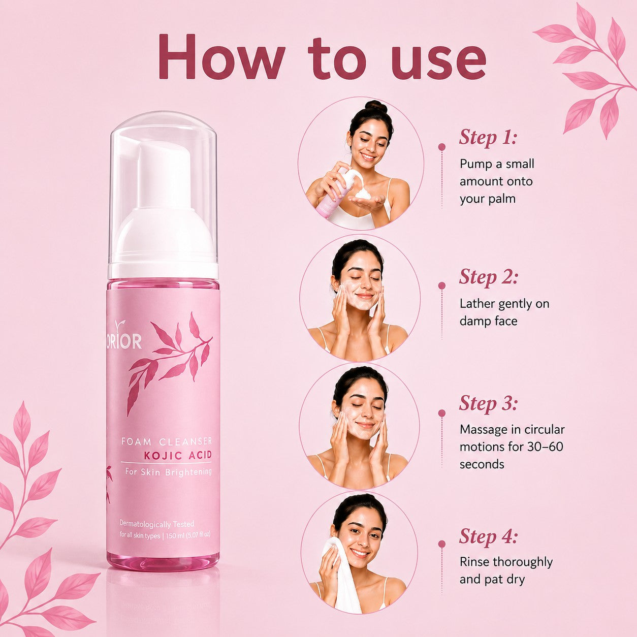 Orior Cosmetics Kojic Acid Foam Cleanser bottle with step-by-step usage instructions for skin brightening