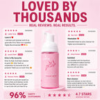 Orior Cosmetics Kojic Acid Foam Cleanser bottle surrounded by positive customer reviews on a pink background.