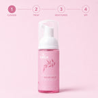 Orior Cosmetics Kojic Acid Foam Cleanser in a pink bottle with a pump dispenser against a soft pink background.