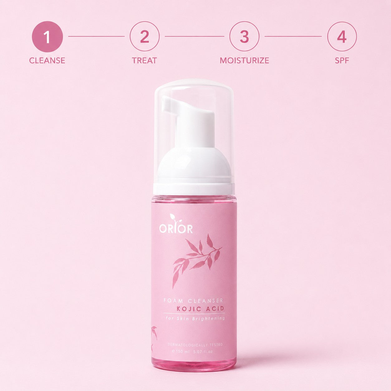 Orior Cosmetics Kojic Acid Foam Cleanser in a pink bottle with a pump dispenser against a soft pink background.