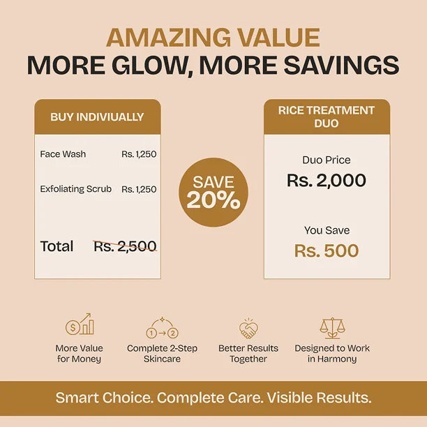 Orior Cosmetics Rice Treatment Duo promotional graphic showing price savings for the face wash and exfoliating scrub set