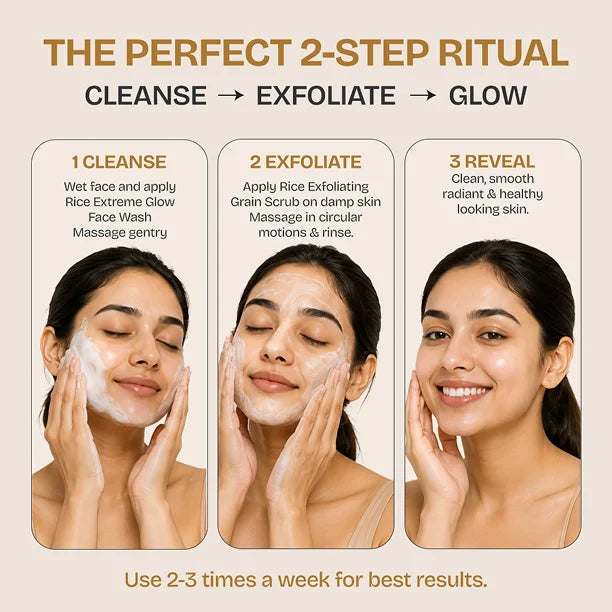 Orior Cosmetics Rice Treatment Duo 3-step skincare ritual showing a woman cleansing, exfoliating, and glowing.