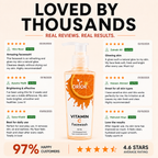 Orior Cosmetics Vitamin C face wash bottle with orange slice graphic, surrounded by customer reviews and ratings.